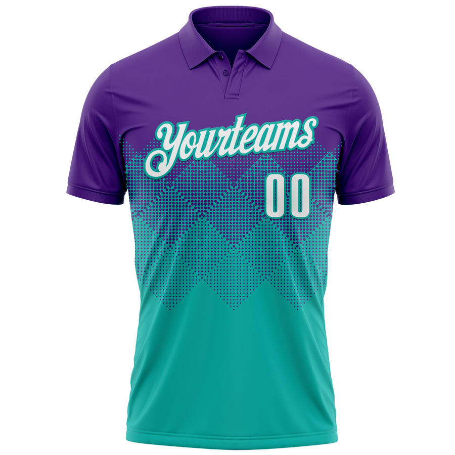 Custom Purple White-Aqua 3D Gradient Square Shape Performance Polo Shirt