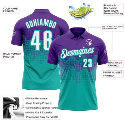 Custom Purple White-Aqua 3D Gradient Square Shape Performance Polo Shirt