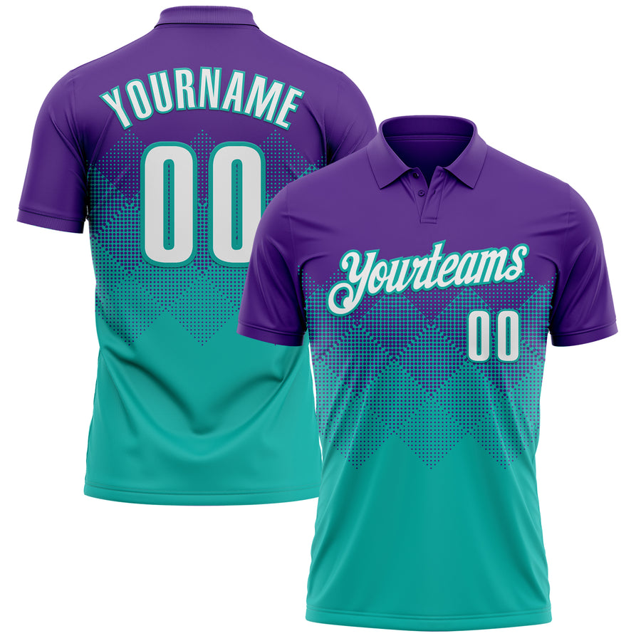 Custom Purple White-Aqua 3D Gradient Square Shape Performance Polo Shirt