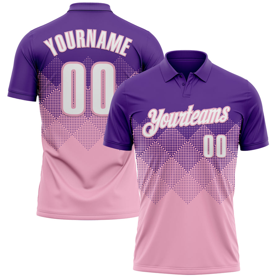 Custom Purple White-Light Pink 3D Gradient Square Shape Performance Polo Shirt