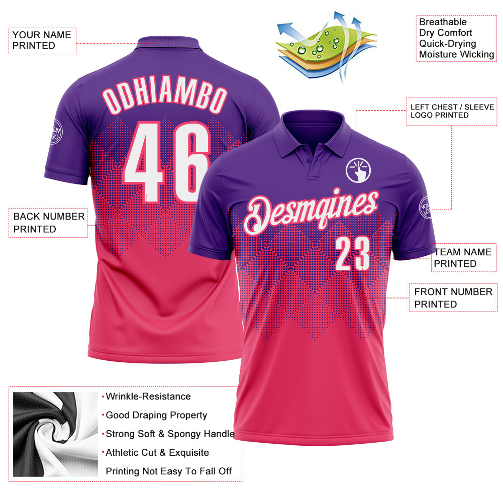 Custom Purple White-Neon Pink 3D Gradient Square Shape Performance Polo Shirt