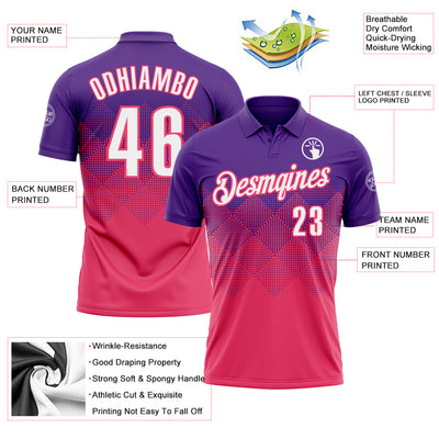 Custom Purple White-Neon Pink 3D Gradient Square Shape Performance Polo Shirt