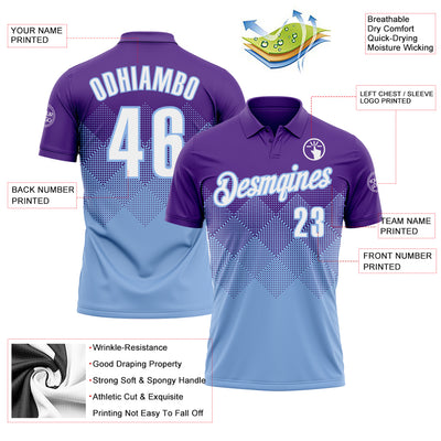 Custom Purple White-Light Blue 3D Gradient Square Shape Performance Polo Shirt