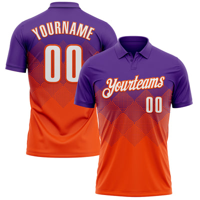 Custom Purple White-Orange 3D Gradient Square Shape Performance Polo Shirt