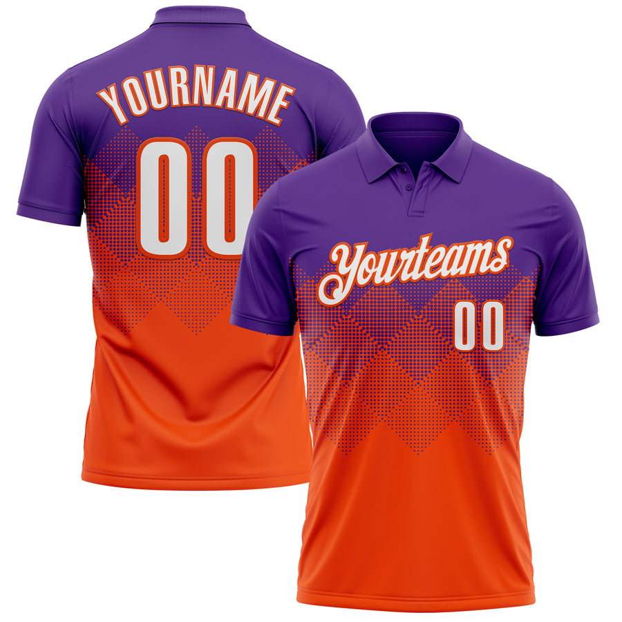 Custom Purple White-Orange 3D Gradient Square Shape Performance Polo Shirt