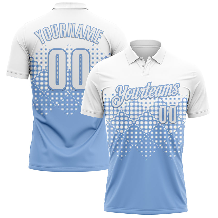 Custom White Light Blue 3D Gradient Square Shape Performance Polo Shirt