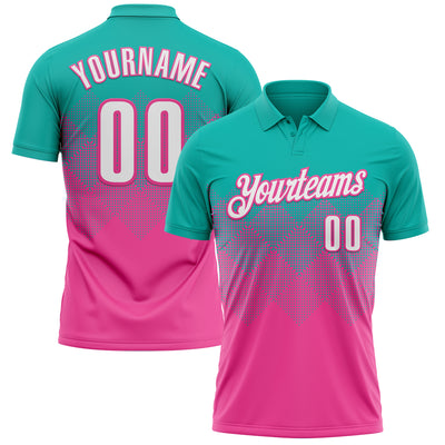 Custom Aqua White-Pink 3D Gradient Square Shape Performance Polo Shirt