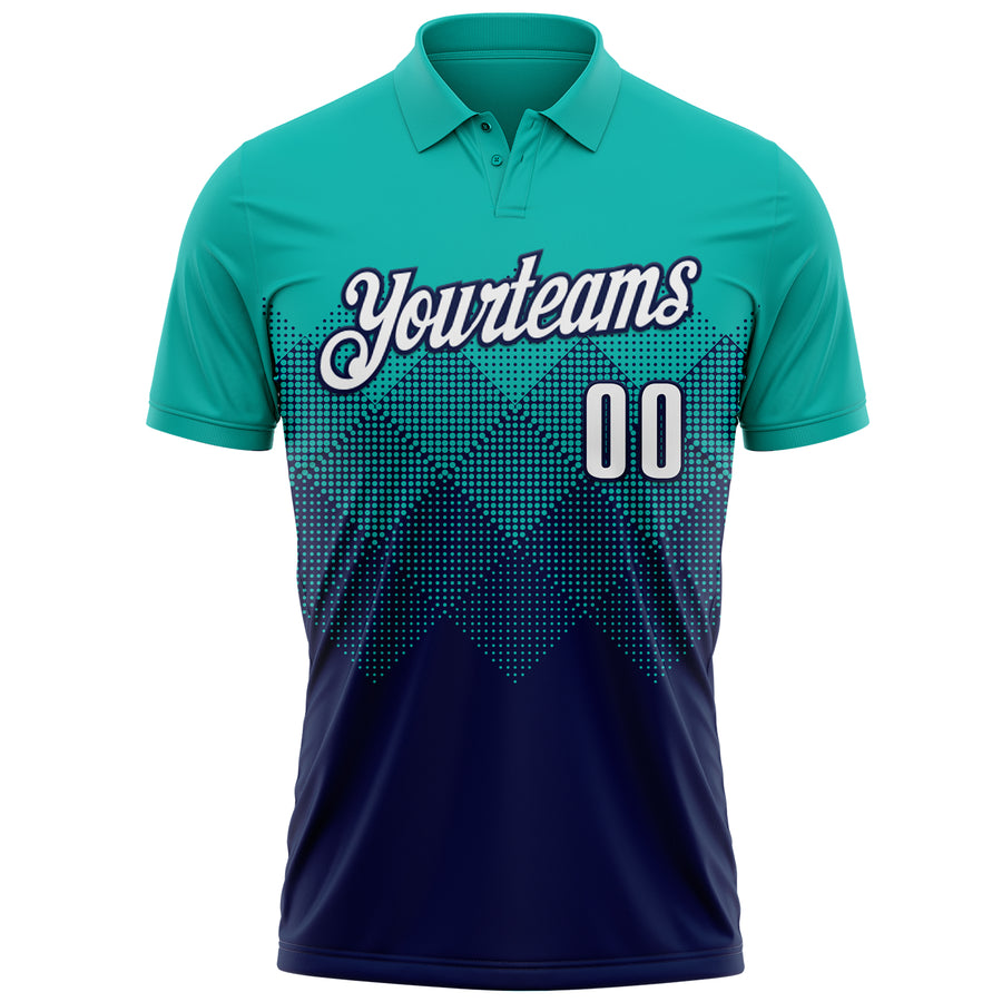 Custom Aqua White-Navy 3D Gradient Square Shape Performance Polo Shirt