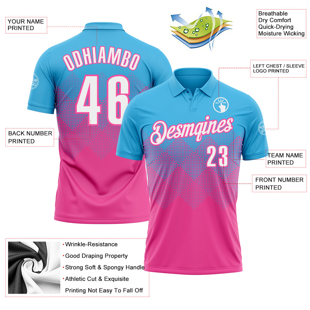 Custom Sky Blue White-Pink 3D Gradient Square Shape Performance Polo Shirt