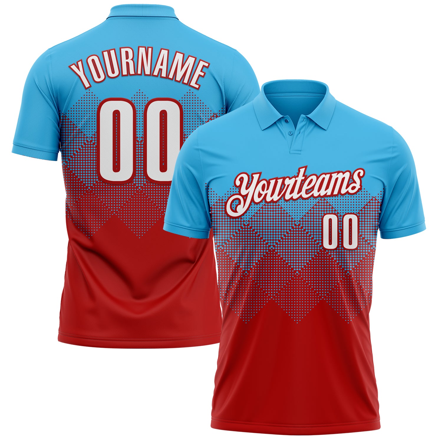 Custom Sky Blue White-Red 3D Gradient Square Shape Performance Polo Shirt