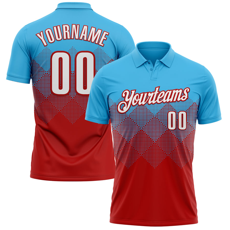 Custom Sky Blue White-Red 3D Gradient Square Shape Performance Polo Shirt