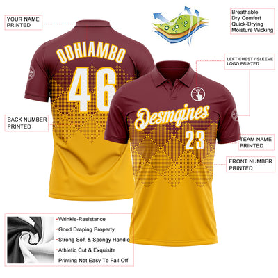 Custom Burgundy White-Gold 3D Gradient Square Shape Performance Polo Shirt