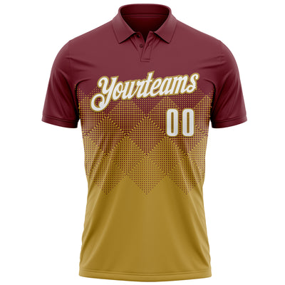 Custom Burgundy White-Old Gold 3D Gradient Square Shape Performance Polo Shirt