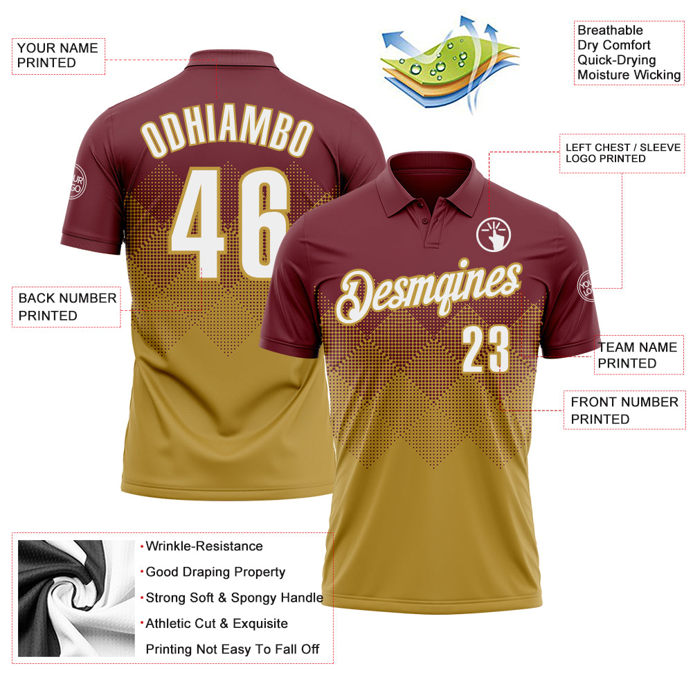 Custom Burgundy White-Old Gold 3D Gradient Square Shape Performance Polo Shirt