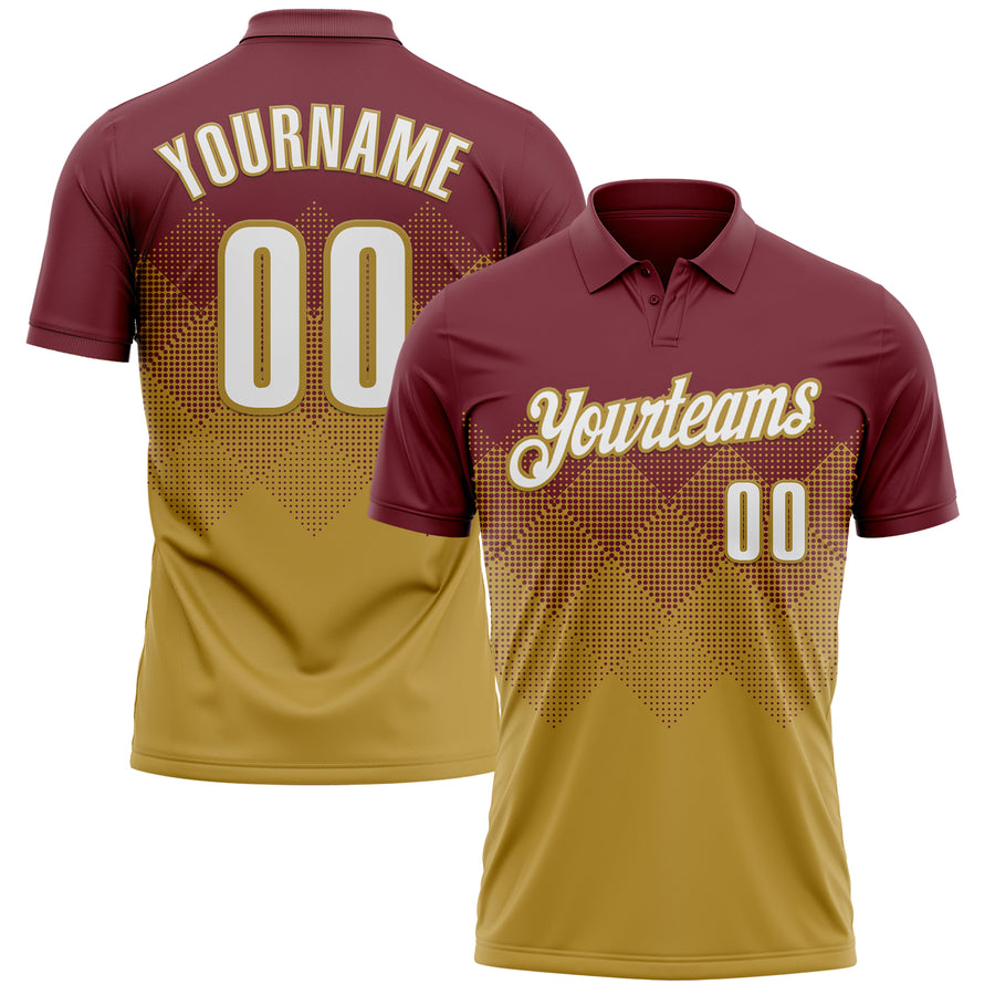 Custom Burgundy White-Old Gold 3D Gradient Square Shape Performance Polo Shirt