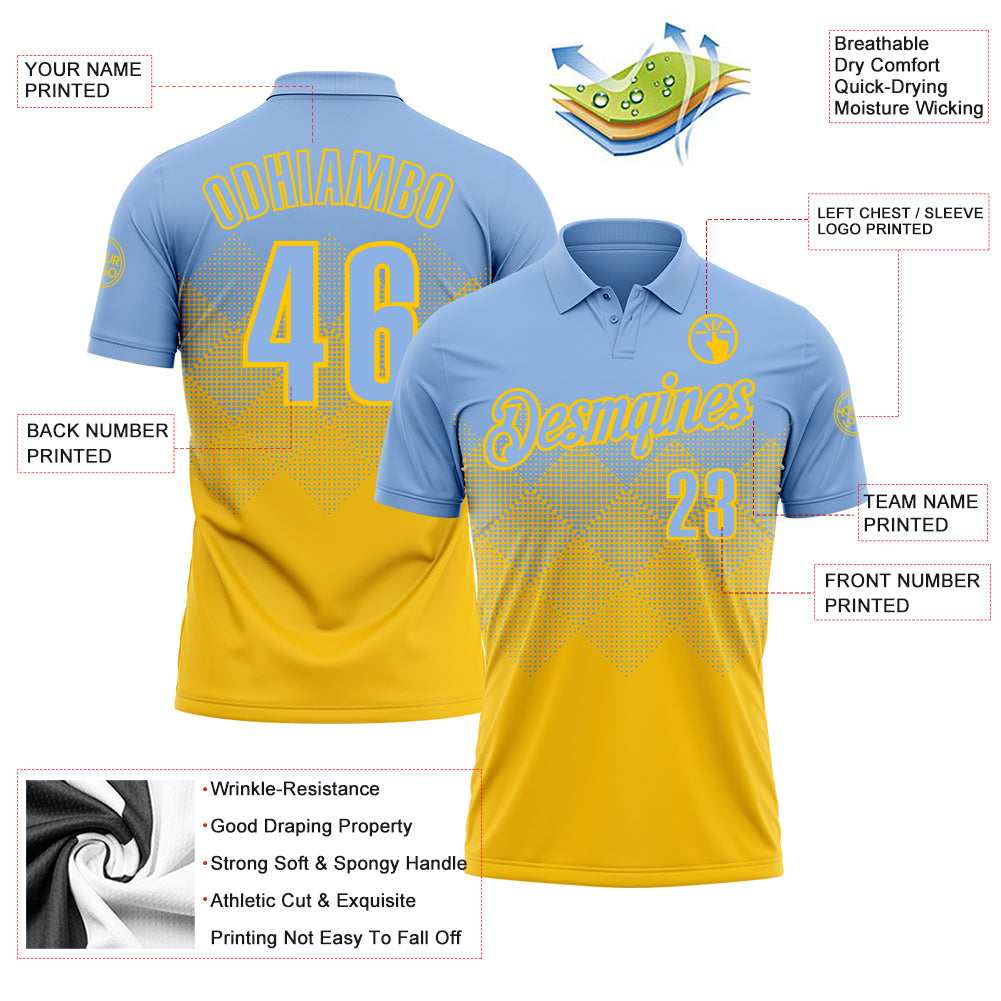 Custom Light Blue Yellow 3D Gradient Square Shape Performance Polo Shirt