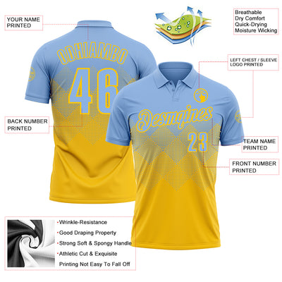 Custom Light Blue Yellow 3D Gradient Square Shape Performance Polo Shirt
