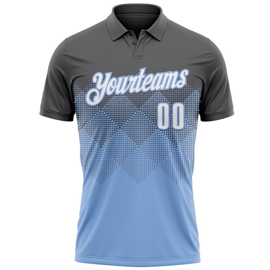 Custom Steel Gray White-Light Blue 3D Gradient Square Shape Performance Polo Shirt