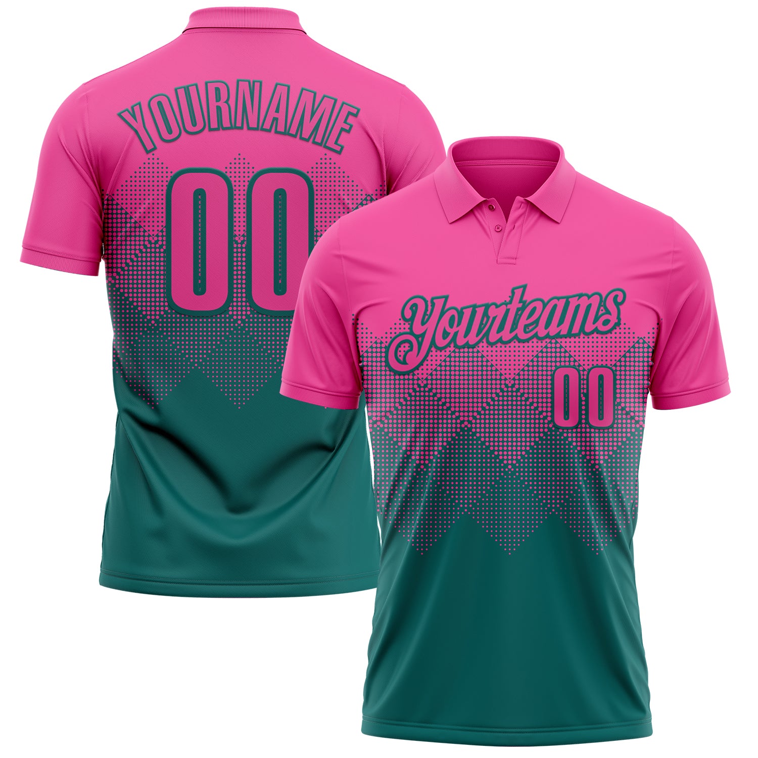 Custom Pink Teal 3D Gradient Square Shape Performance Polo Shirt
