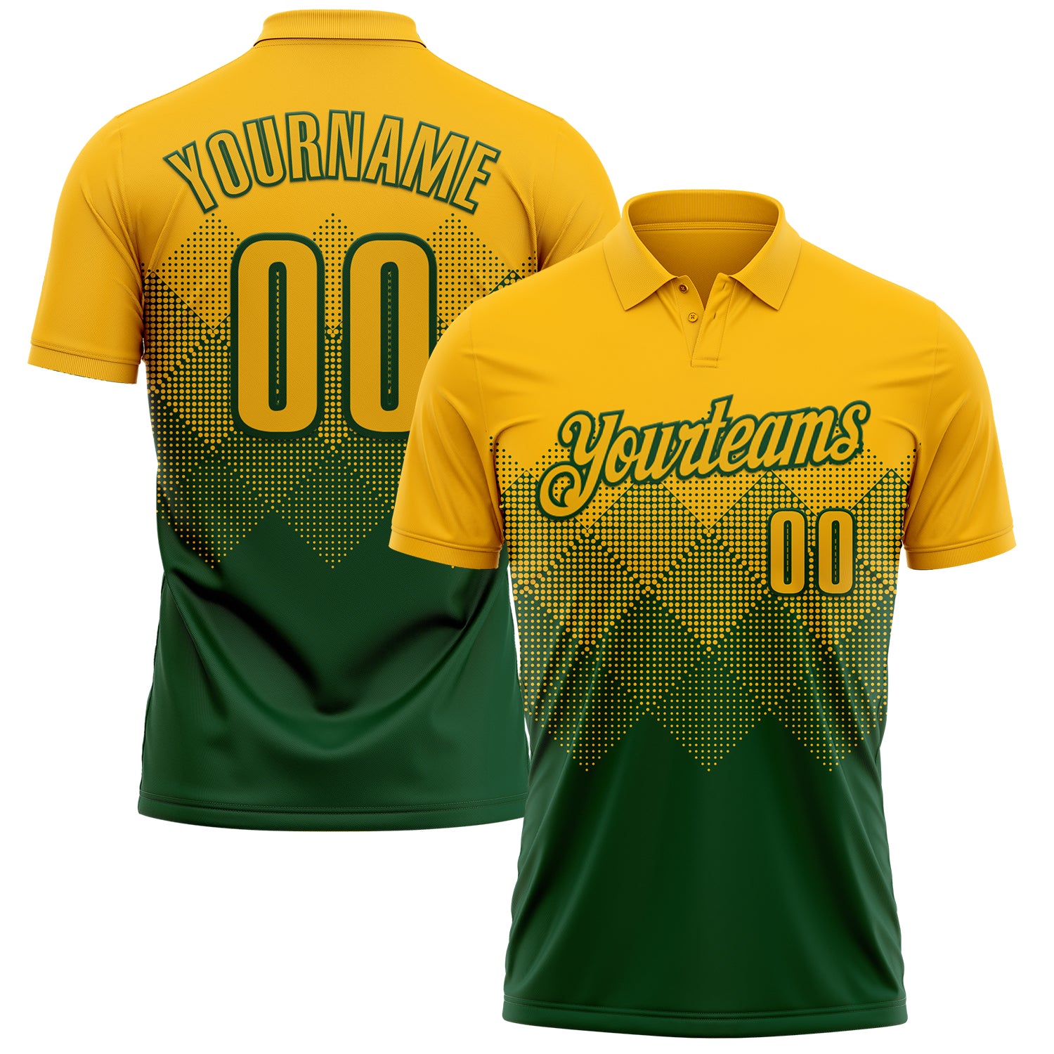 Custom Gold Green 3D Gradient Square Shape Performance Polo Shirt