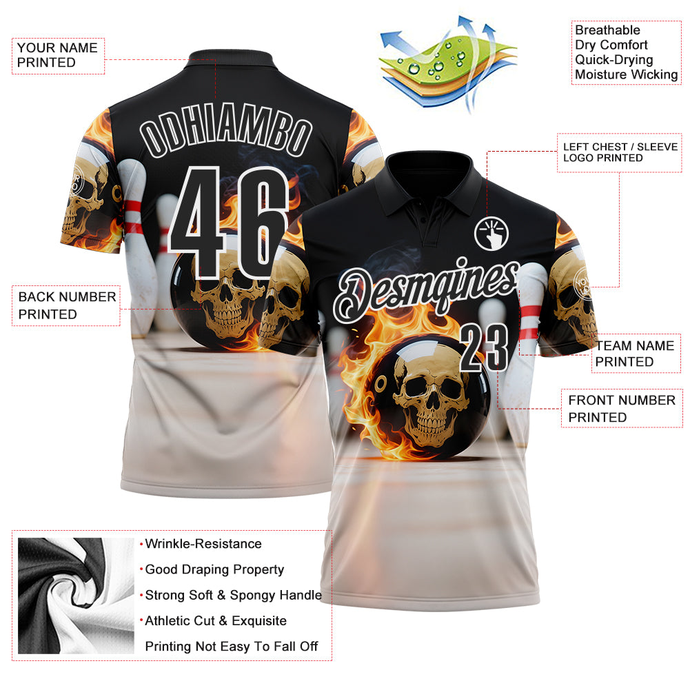 Custom Black White 3D Flame Skull Bowling Performance Polo Shirt