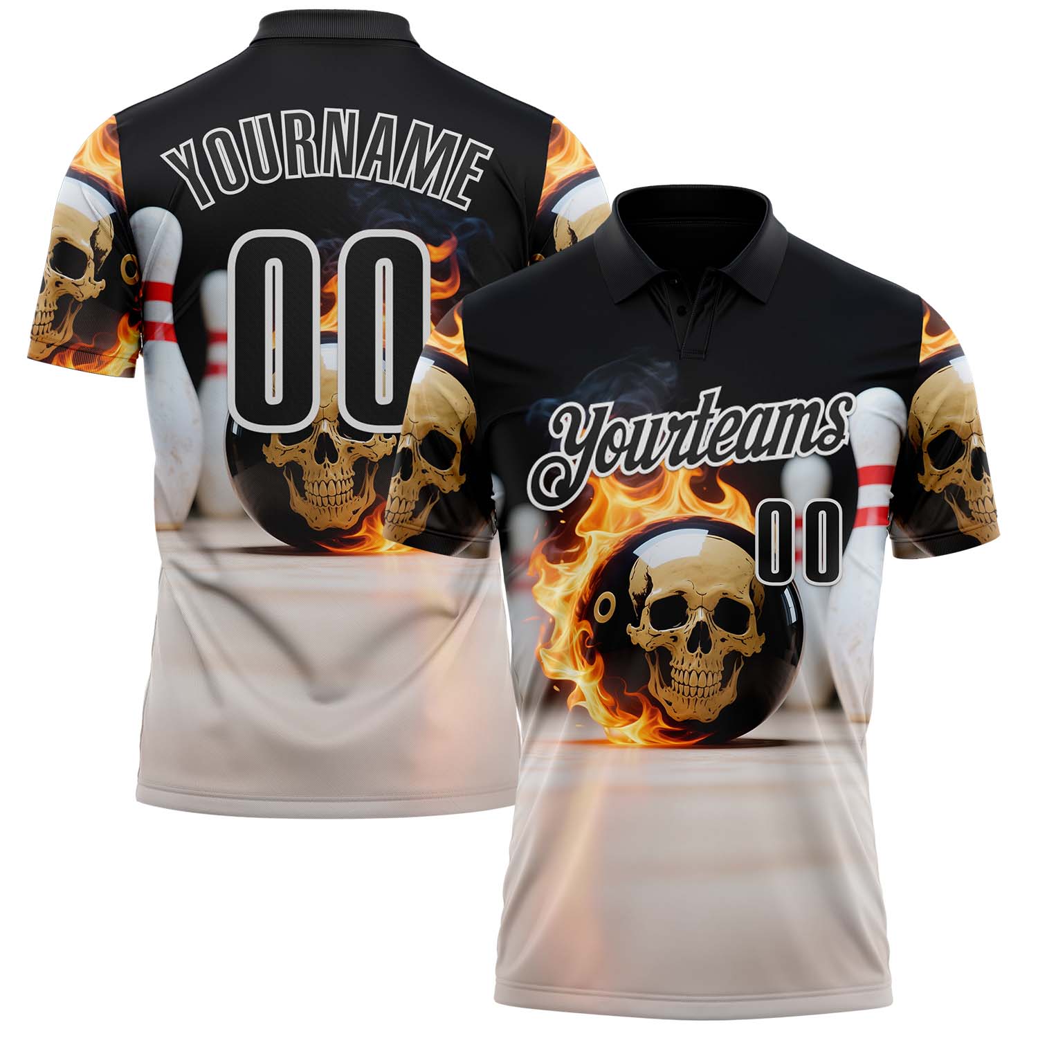 Custom Black White 3D Flame Skull Bowling Performance Polo Shirt