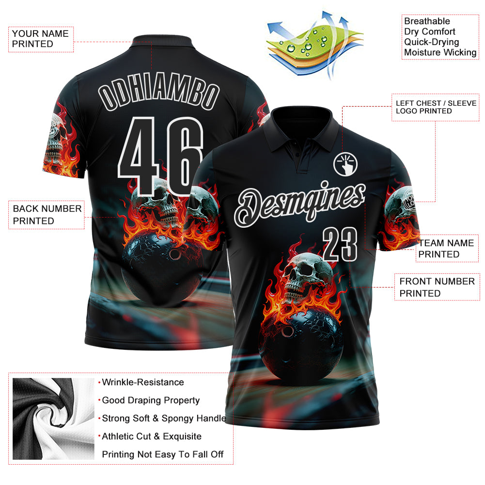 Custom Black White 3D Flame Skull Bowling Performance Polo Shirt