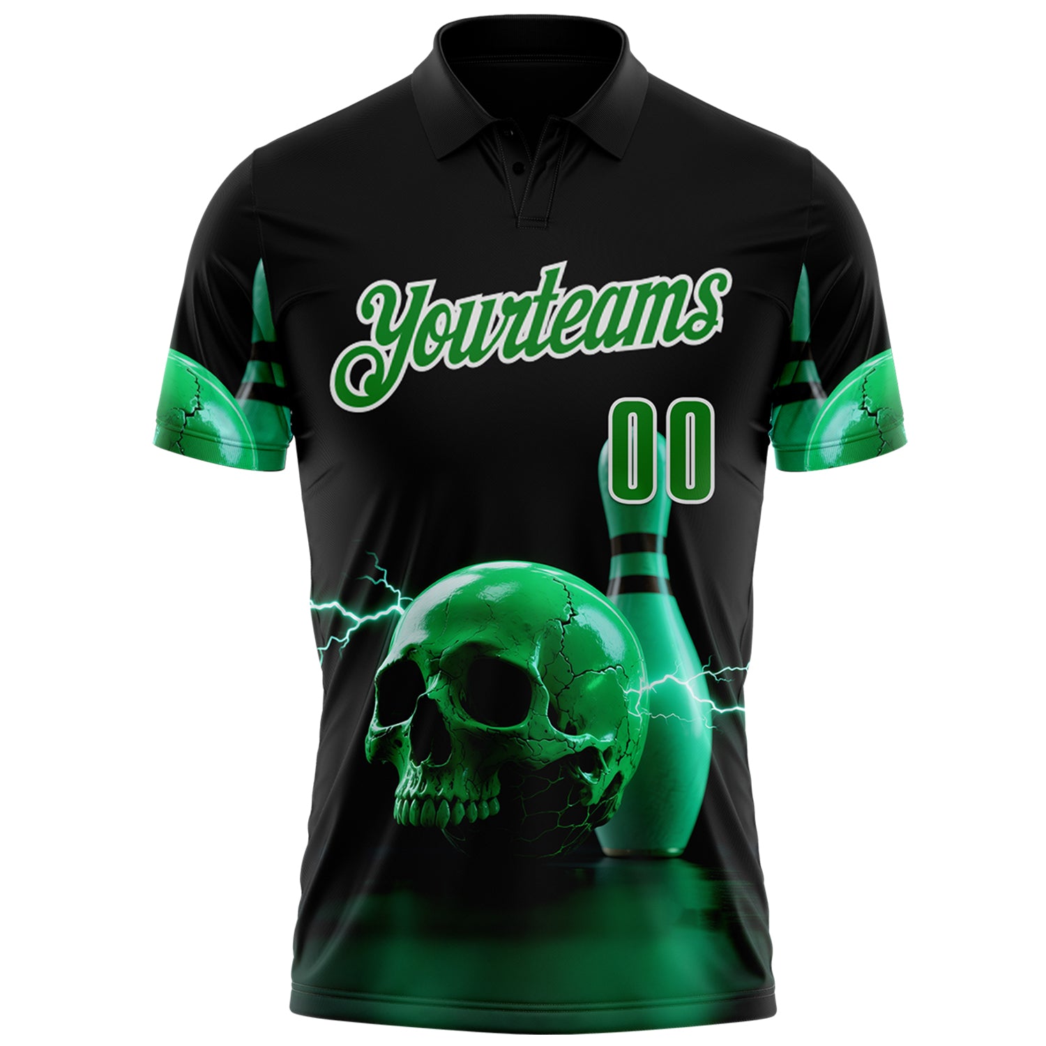Custom Black Grass Green-White 3D Lightning Skull Bowling Performance Polo Shirt