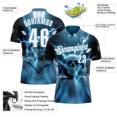 Custom Shadow Blue White 3D Lightning Skull Bowling Performance Polo Shirt