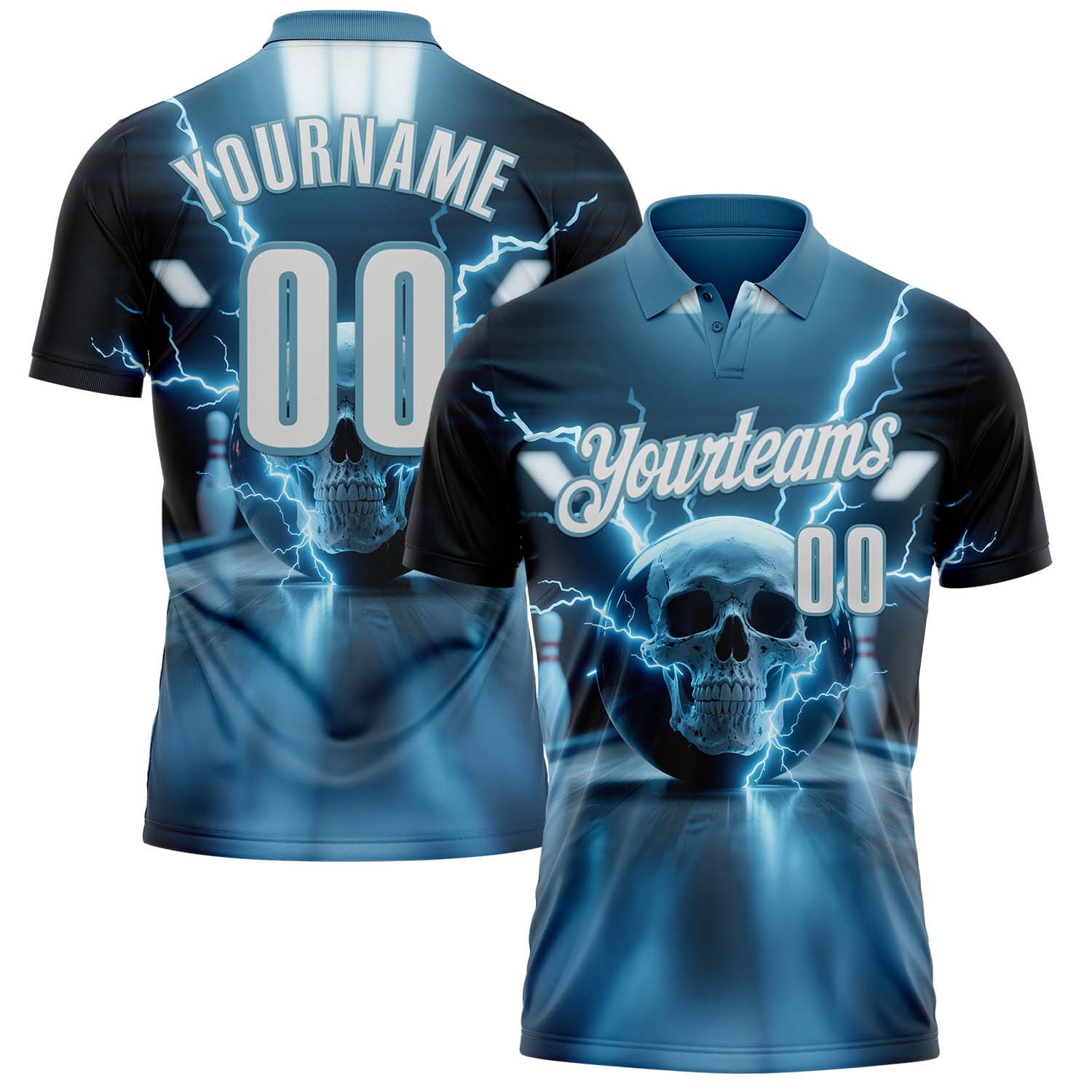 Custom Shadow Blue White 3D Lightning Skull Bowling Performance Polo Shirt