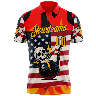 Custom Red Gold-Black 3D American Flag Skull Bowling Performance Polo Shirt