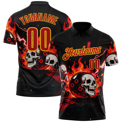 Custom Black Red-Yellow 3D Flame Skull Bowling Performance Polo Shirt