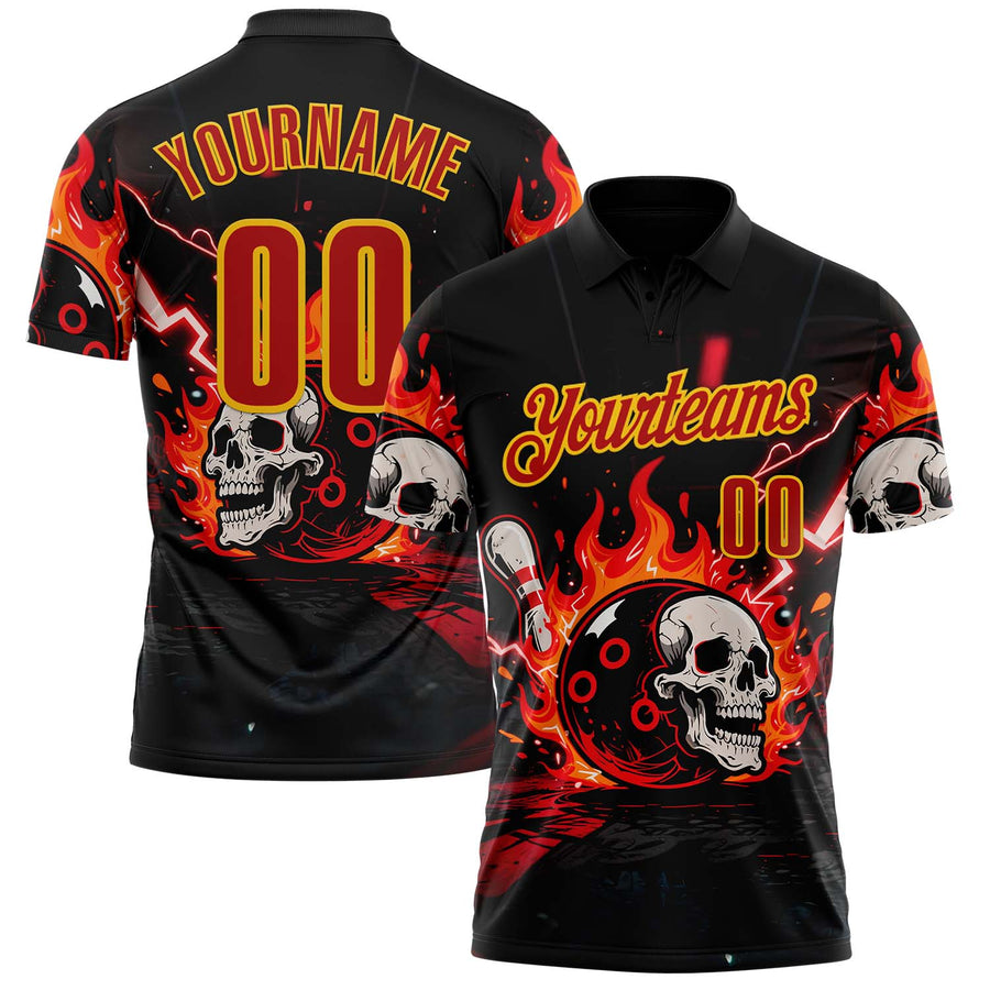 Custom Black Red-Yellow 3D Flame Skull Bowling Performance Polo Shirt
