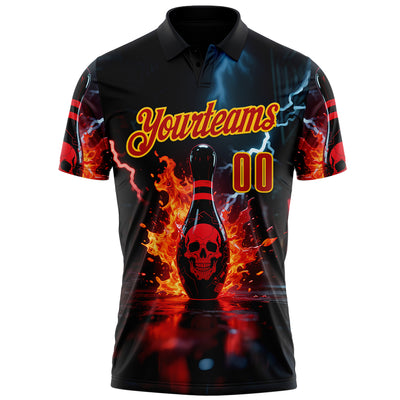 Custom Black Red-Yellow 3D Flame Lightning Skull Bowling Performance Polo Shirt