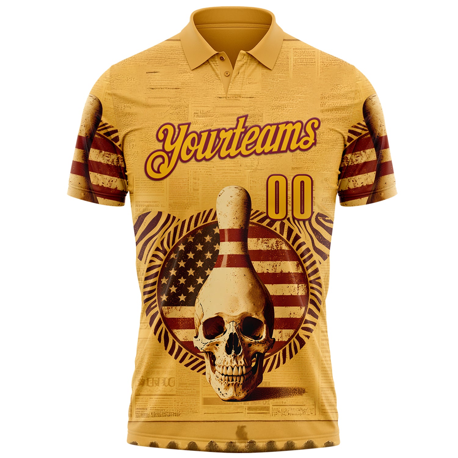 Custom Yellow Gold-Crimson 3D Retro American Flag Skull Bowling Performance Polo Shirt