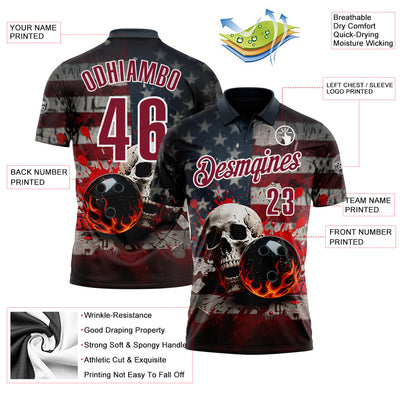 Custom Navy Crimson-White 3D American Flag Splash Flame Skull Bowling Performance Polo Shirt