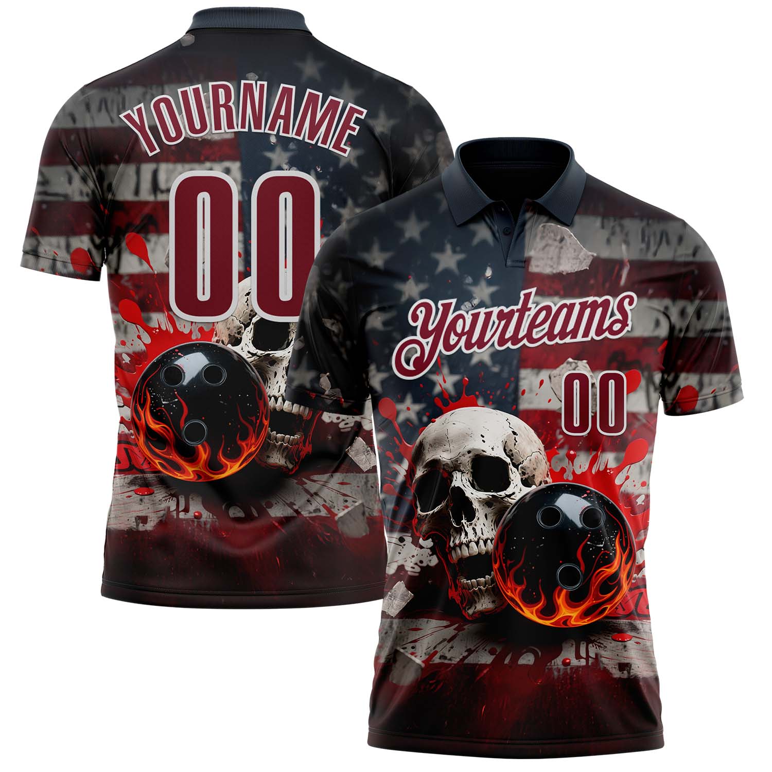 Custom Navy Crimson-White 3D American Flag Splash Flame Skull Bowling Performance Polo Shirt