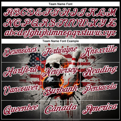 Custom Black Crimson-White 3D American Flag Splash Flame Skull Bowling Performance Polo Shirt