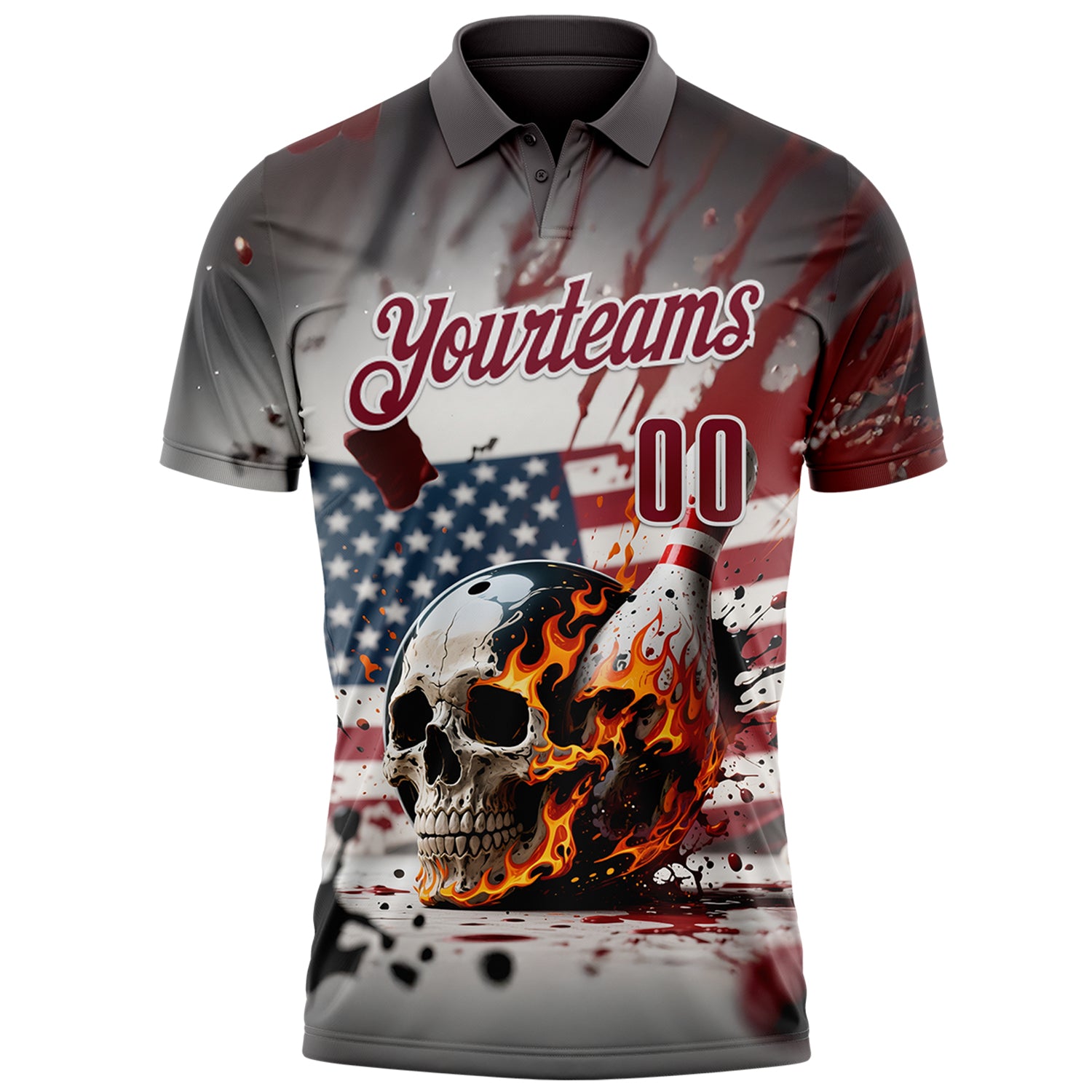 Custom Gray Crimson-White 3D American Flag Splash Flame Skull Bowling Performance Polo Shirt