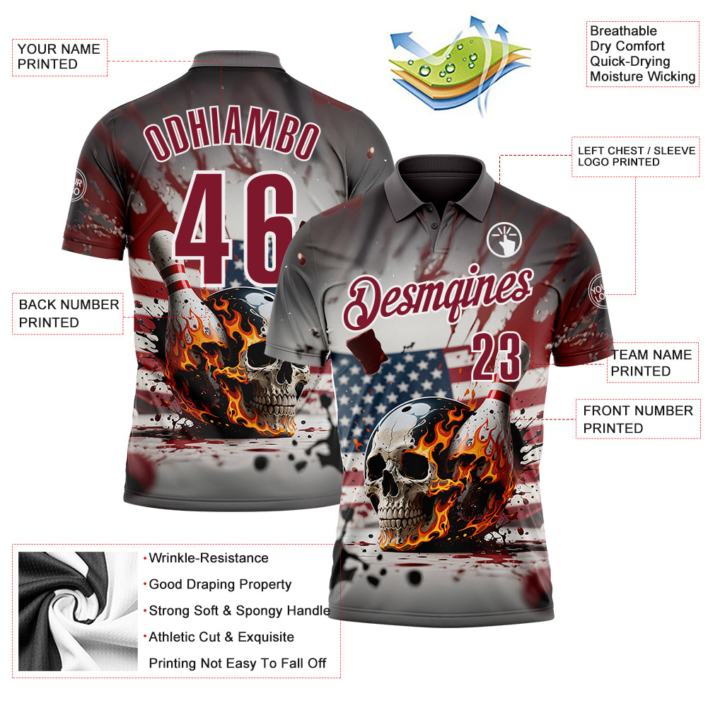 Custom Gray Crimson-White 3D American Flag Splash Flame Skull Bowling Performance Polo Shirt