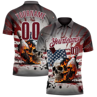 Custom Gray Crimson-White 3D American Flag Splash Flame Skull Bowling Performance Polo Shirt