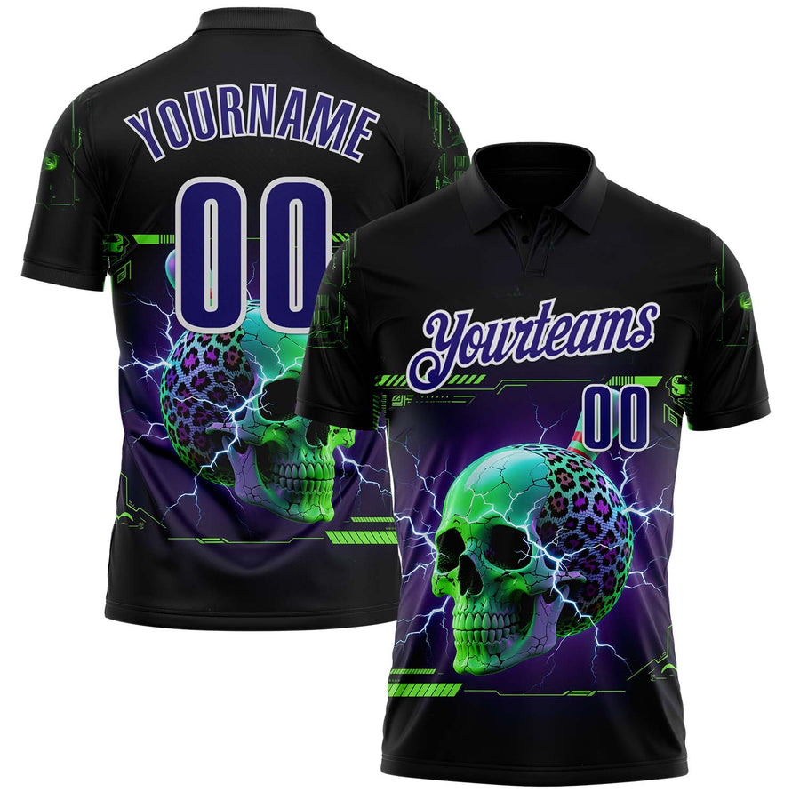 Custom Black Dark Purple-White 3D Lightning Leopard Print Skull Bowling Performance Polo Shirt