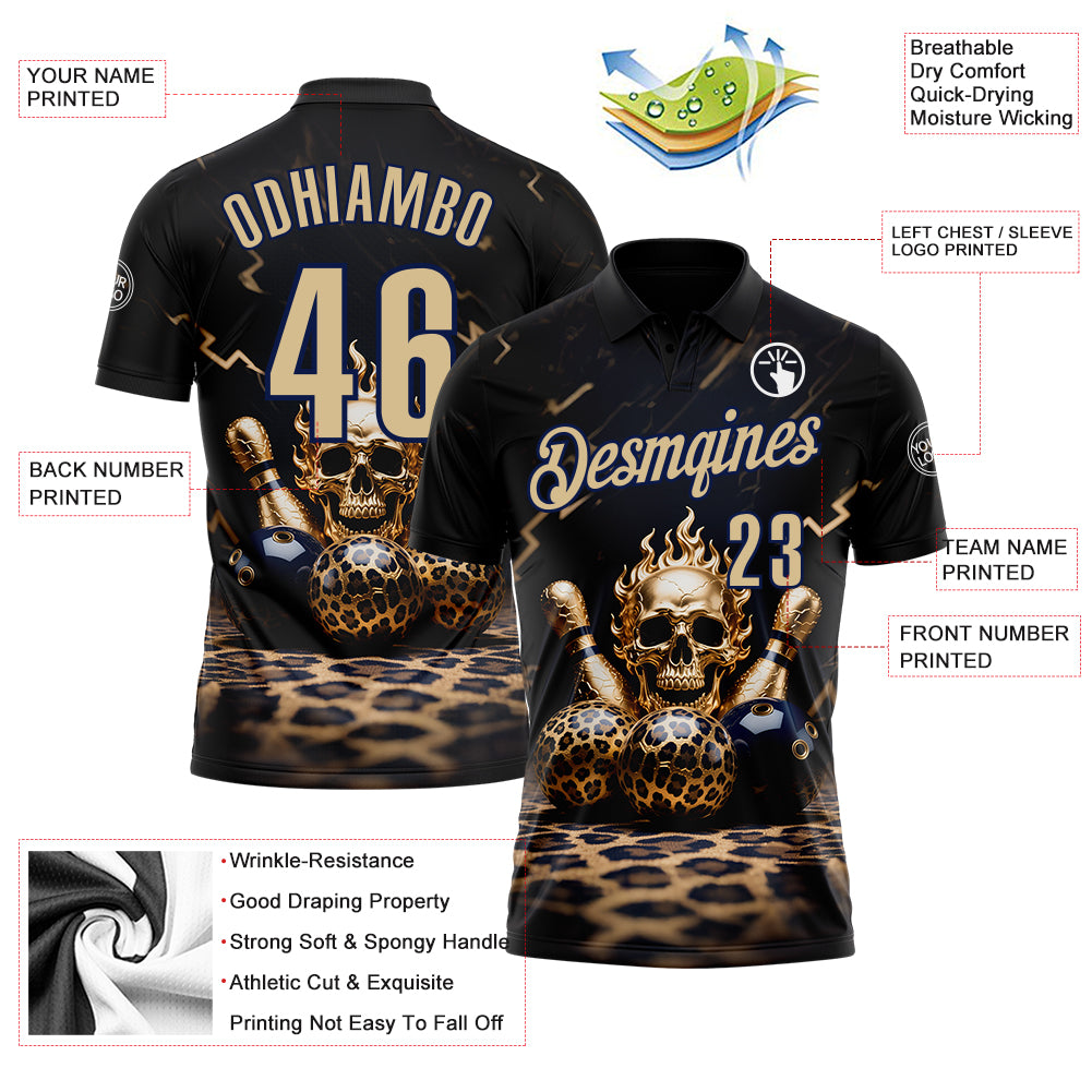 Custom Black Vegas Gold-Navy 3D Leopard Print Metal Skull Bowling Performance Polo Shirt