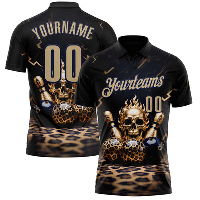 Custom Black Vegas Gold-Navy 3D Leopard Print Metal Skull Bowling Performance Polo Shirt