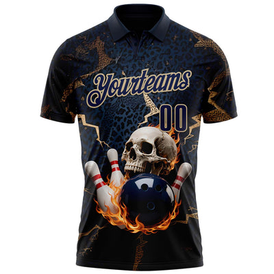 Custom Navy Vegas Gold 3D Flame Leopard Print Skull Bowling Performance Polo Shirt