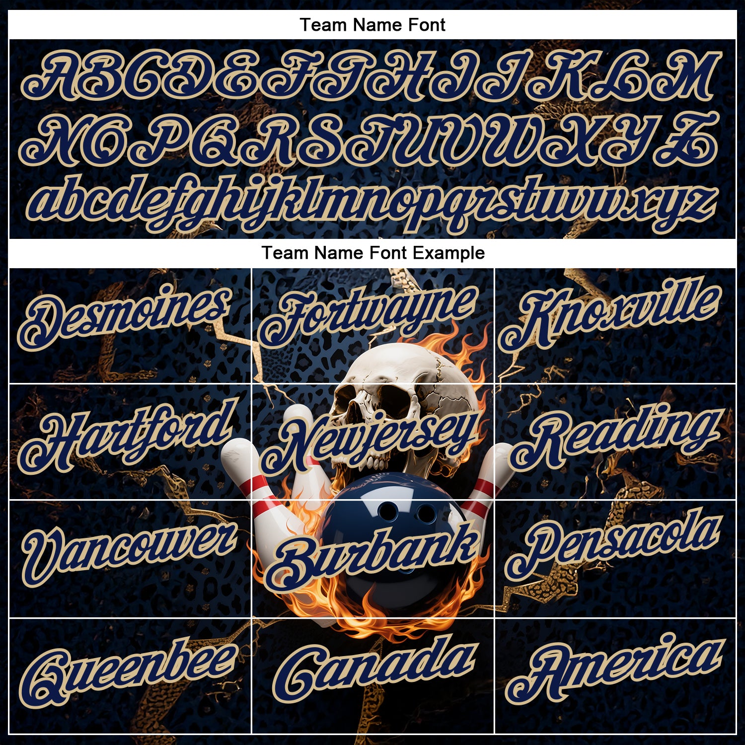 Custom Navy Vegas Gold 3D Flame Leopard Print Skull Bowling Performance Polo Shirt