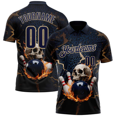 Custom Navy Vegas Gold 3D Flame Leopard Print Skull Bowling Performance Polo Shirt