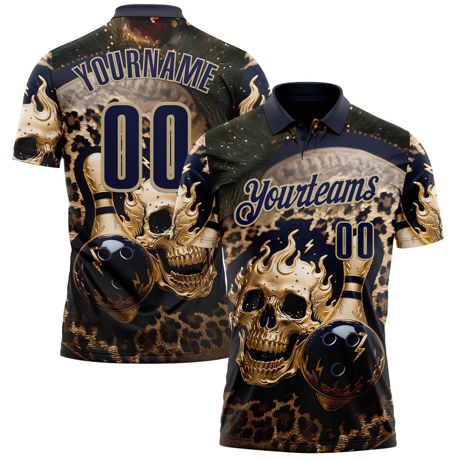 Custom Navy Vegas Gold 3D Leopard Print Metal Skull Bowling Performance Polo Shirt