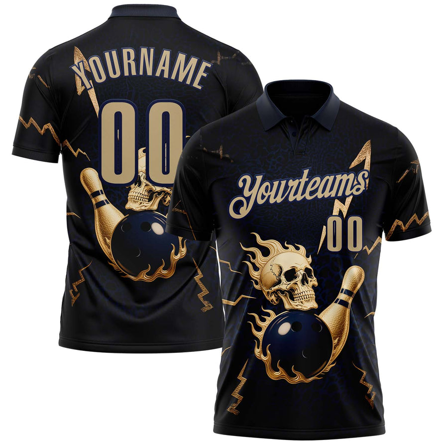 Custom Navy Vegas Gold 3D Metal Skull Bowling Performance Polo Shirt