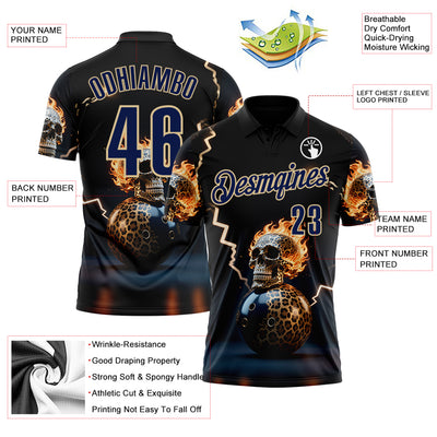 Custom Navy Vegas Gold 3D Flame Leopard Print Skull Bowling Performance Polo Shirt
